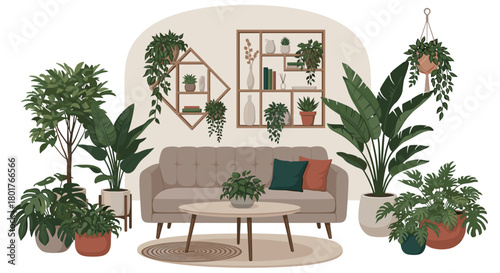 Interior view of a living room filled with various plants