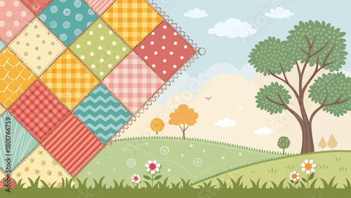 A colorful patchwork quilt design in a bright outdoor scene