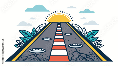 A damaged road with potholes under the sun and cloudy sky