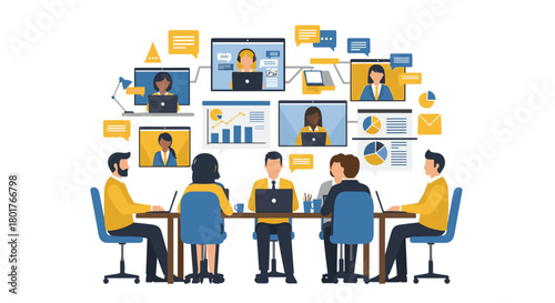 People attending a virtual meeting with screens and charts shown