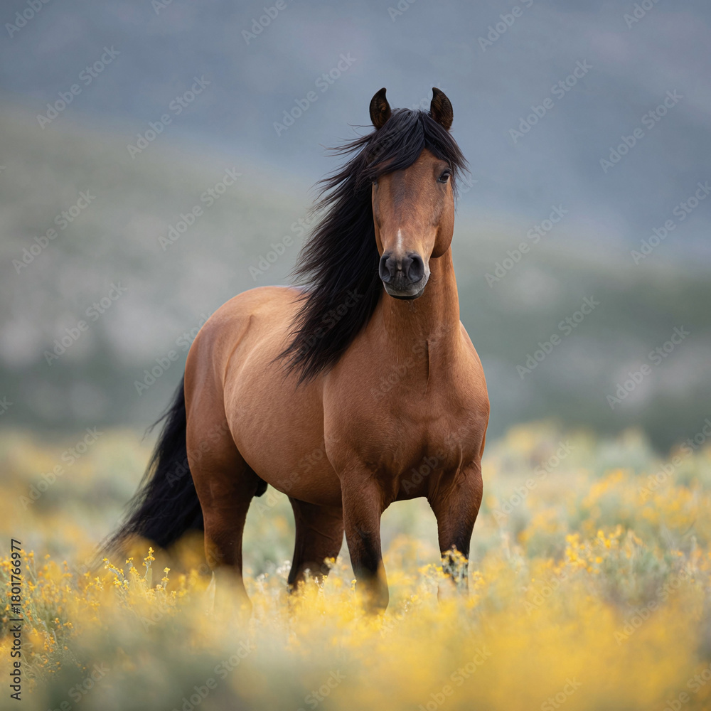 Fototapeta premium Majestic horse in a field of wildflowers. Powerful animal representing freedom, nature, strength. Perfect for equine, wildlife, or travel themes. Serene landscape.