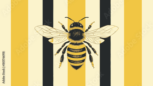 A detailed illustration of a bee with striped pattern backdrop
