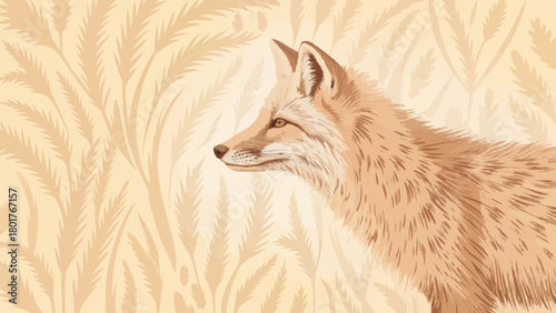 A fox looking towards the left in a textured wheat field