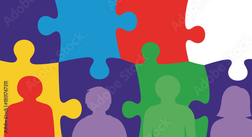 Colorful puzzle pieces with human silhouettes collaboration
