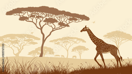 A giraffe walking across an African savanna landscape