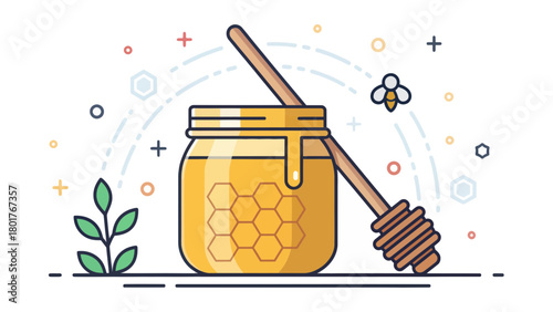 A jar of honey with a dipper and bee in a vector design