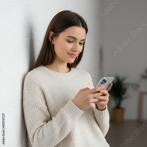 Young Woman Smiling Intently While Texting on Smartphone, Leaning on White Wall in Soft Natural Light, Creating Peaceful Lifestyle Mood.