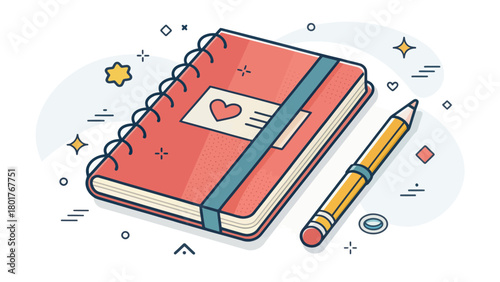 A Red Sketchbook with Pencil in Vector Illustration