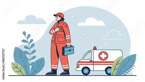 A Paramedic Standing Beside an Ambulance with a First Aid Kit