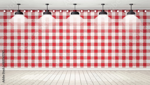 A red gingham wall with lamps and wooden floor in a room