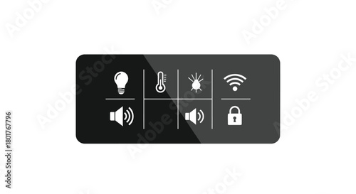 Modern smart home control panel interface with icons for lighting temperature security and connectivity