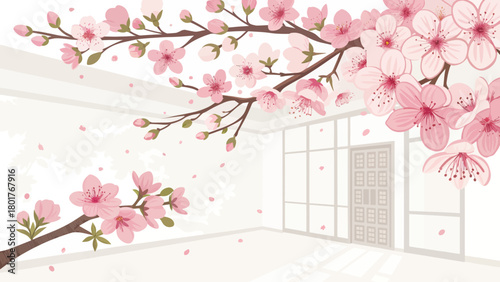A sakura blossom branch in a bright minimalist interior space