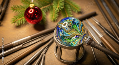 Glass Blowing Christmas Bauble Creation, Colorful Swirls, Tools. Half-finished glass bauble in metal cradle with tools around it. Small pine branch and finished red ornament in background. 