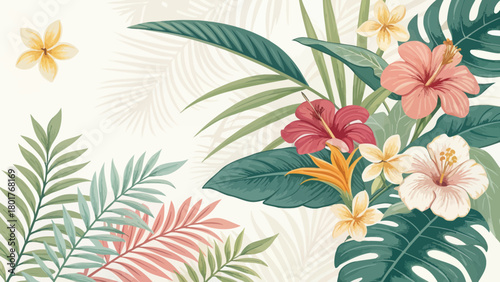 A Watercolor Illustration of Tropical Flowers and Greenery