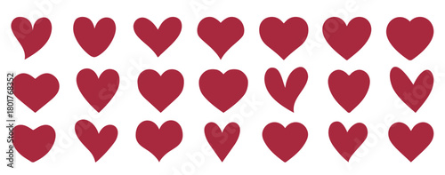 Set of hearts in red color, heart icons set vector, set of hearts different shapes for design. Heart collection. Vector art. Heart, love, romance hearts. Vector icons. Heart love symbol red