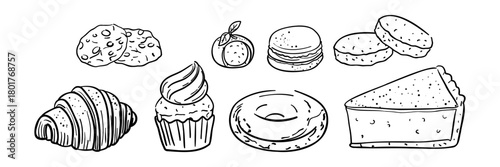 set of popular bakery products, desserts. Cookies, croissants, muffins, donuts, and slices of pie or cake. Contoured monochrome pastries for creating bakery's brand identity, menu design, cafe-style