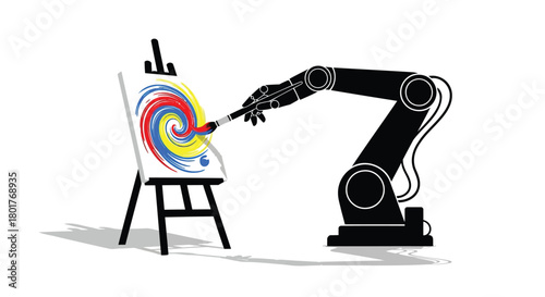 Robotic arm artist creating a colorful abstract spiral painting on a canvas on an easel