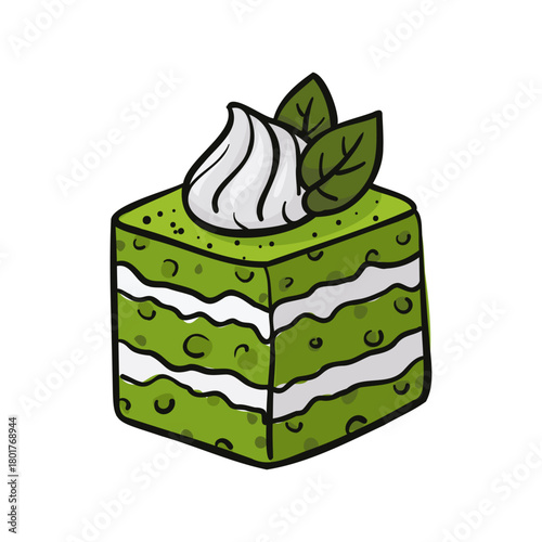 square layered matcha cake slice with alternating green and white layers, topped with whipped cream and tea leaves. color illustration with black outline for modern baking, individual dessert servings