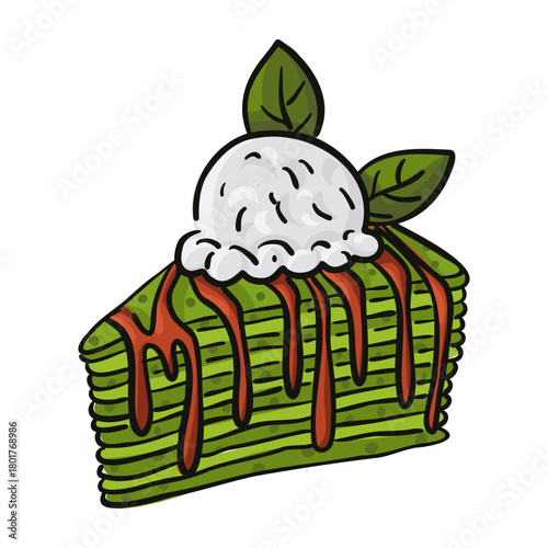 slice of matcha pancake cake with several thin layers of greens, topped with ice cream and drizzled with red berry syrup. color illustration with black outline for menu, dessert bars, sweet dishes