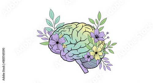 Illustration of a brain with flowers and leaves surrounding it