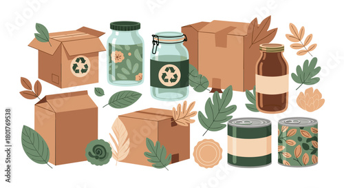 Assorted recyclable materials with foliage and recycle signs