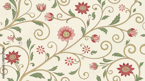 Decorative floral pattern with stems and flowers on cream background