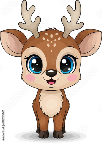 Cute cartoon baby deer with big blue eyes isolated on white