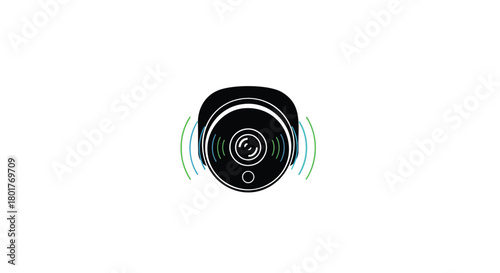 Modern black security camera with subtle blue motion detection waves on a clean white background
