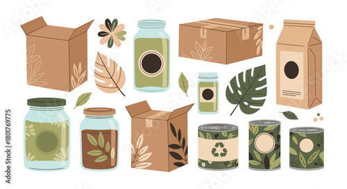 Assortment of sustainable packaging with natural leaf decor
