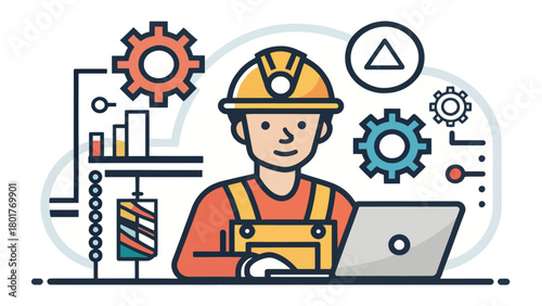 Engineer with laptop and gears illustrating mechatronics concept