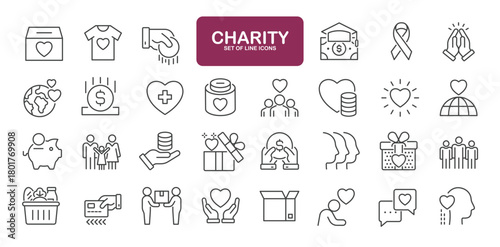 Set of line icons related to charity, donation, care. Outline icons collection