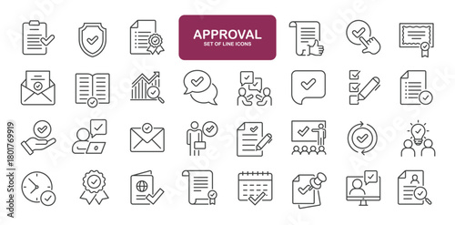 Set of line icons related to approve, deal, agreements, checkmark. Outline icons collection