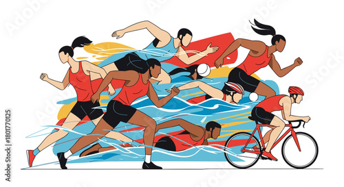 Illustration of athletes participating in triathlon sports