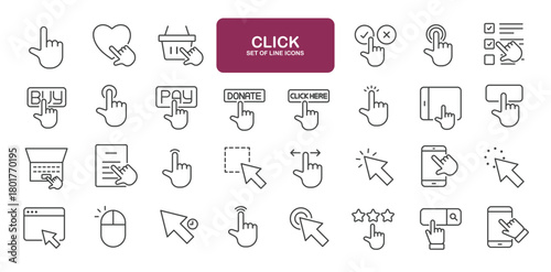 Set of line icons related to gesture, zoom, move, tap, click. Outline icons collection