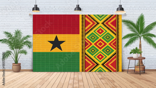 Ghanaian Kente Cloth and Flag Decorative Wall Illustration