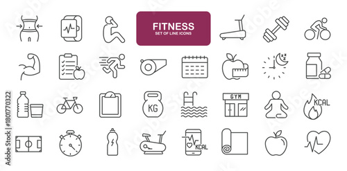 Set of line icons related to fitness, gym, wellness. Outline icons collection