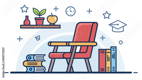 Illustrated teacher chair and books with decorative elements