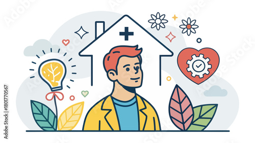 Illustration of a man and mental health symbols concept