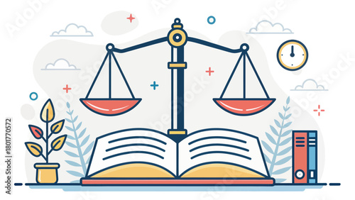 Illustration of a law concept showing balance scale on a book