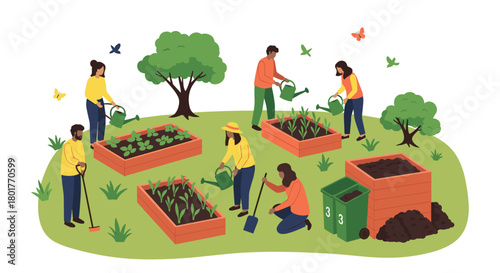 People gardening together in raised beds with trees around them
