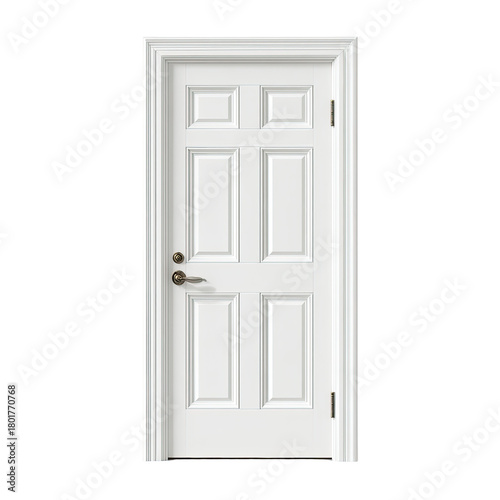 White, six-panel door with brass hardware. Architectural detail