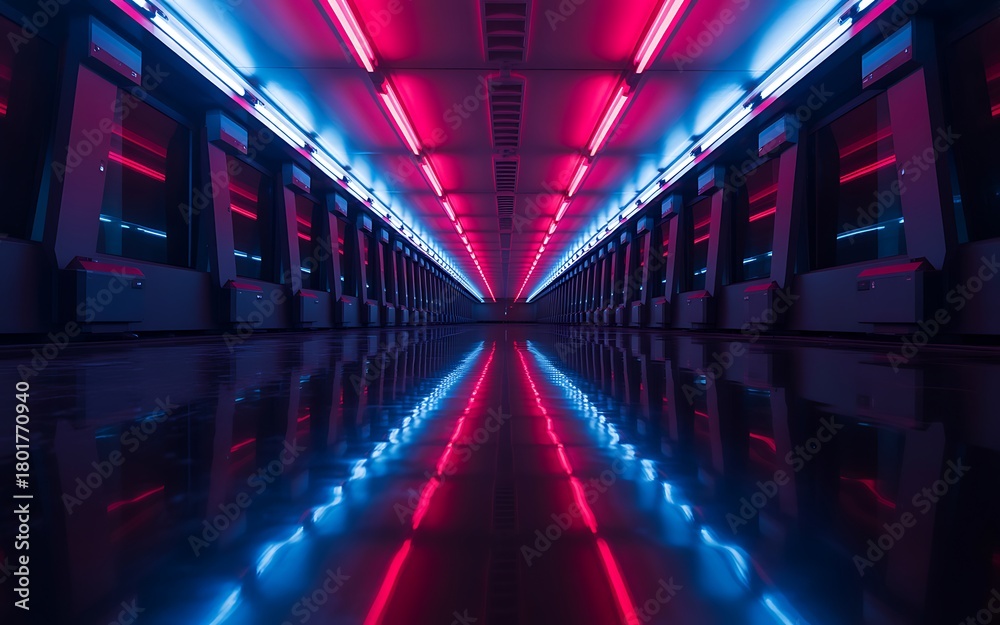 Fototapeta premium Futuristic Tunnel with Neon Lights and Reflective Floor Offering a Sense of Depth and Technological Advancement