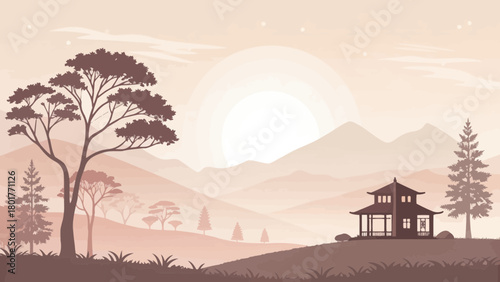 Minimalist landscape of mountains and setting sun