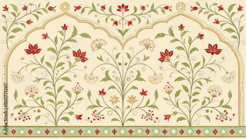Ornate Mughal Floral Wallpaper Design with Decorative Elements