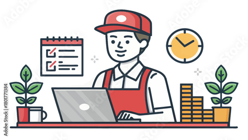 Payroll Clerk working on laptop with clock and calendar