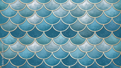Repeating Blue Fish Scale Pattern with Golden Lines