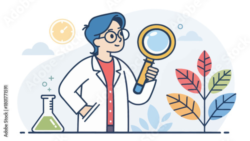 Scientist in lab coat with magnifying glass doing research