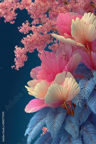 Vibrant pink and blue floral arrangement against a deep blue background with delicate petals dramatic
