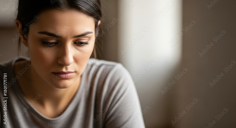 Fototapeta premium Depicting elimination of violence: somber woman showcasing elimination of violence against women, domestic abuse, emotional pain and psychological trauma.