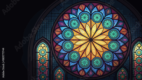 Stained Glass Window Displaying Colorful Circular Geometric Art